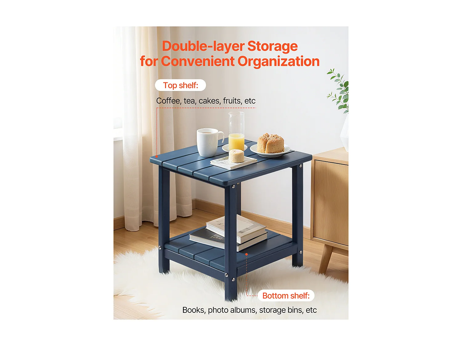 Bijzettafel Buiten Tuin SucceBuy, 2 Niveaus, 45 x 38 x 44 cm, van PEHD, Onderhoudsgemakkelijk, Weerbestendig, voor Terras, Zwembadrand, Blauw