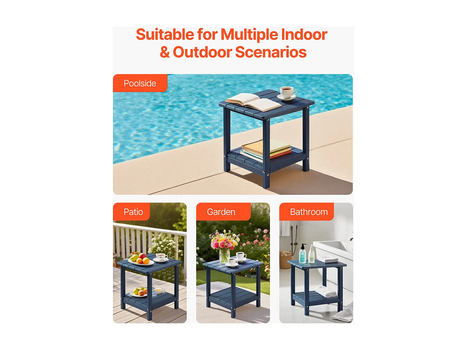 Bijzettafel Buiten Tuin SucceBuy, 2 Niveaus, 45 x 38 x 44 cm, van PEHD, Onderhoudsgemakkelijk, Weerbestendig, voor Terras, Zwembadrand, Blauw