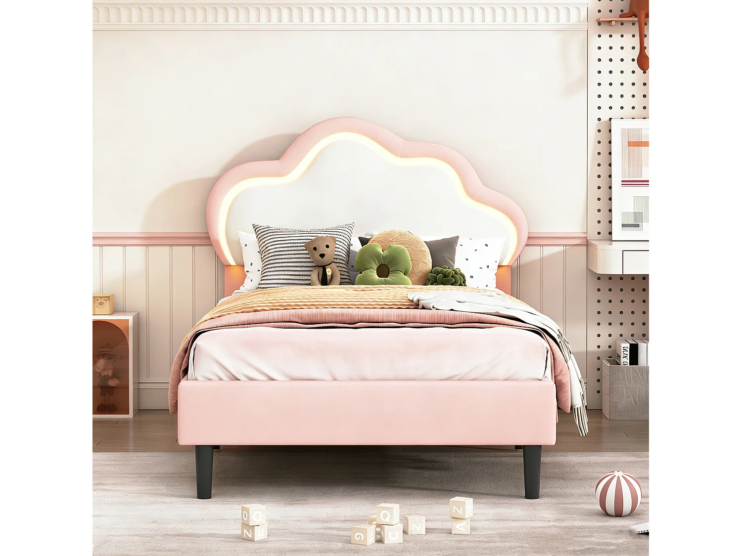 Lit enfant 90x200 LED avec sommier à latte - lit nuage pour enfant 90x200 cm - tête de lit réglable - lit fille 90x200 cm tissu en PU - Blanc et Rose