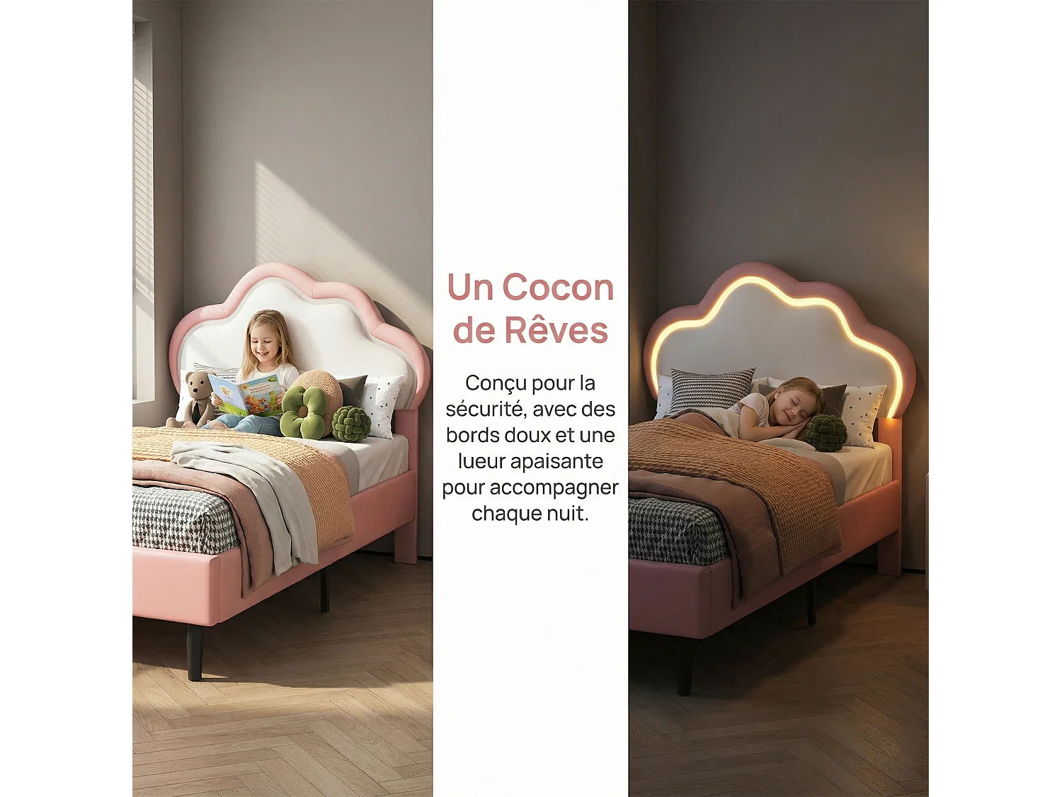 Lit enfant 90x200 cm princesse en PU rose - Lit fille nuage avec tête de lit réglable, sommier à lattes et éclairage LED réglable
