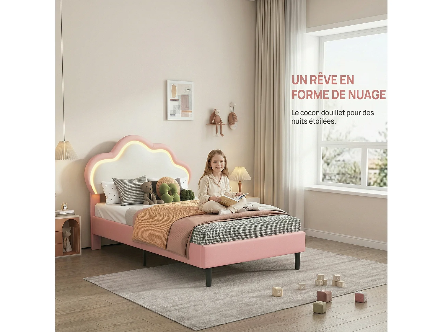 Lit enfant 90x200 cm princesse en PU rose - Lit fille nuage avec tête de lit réglable, sommier à lattes et éclairage LED réglable
