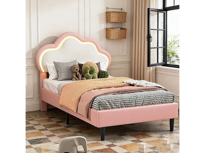 Lit enfant 90x200 LED avec sommier à latte - lit nuage pour enfant 90x200 cm - tête de lit réglable - lit fille 90x200 cm tissu en PU - Blanc et Rose