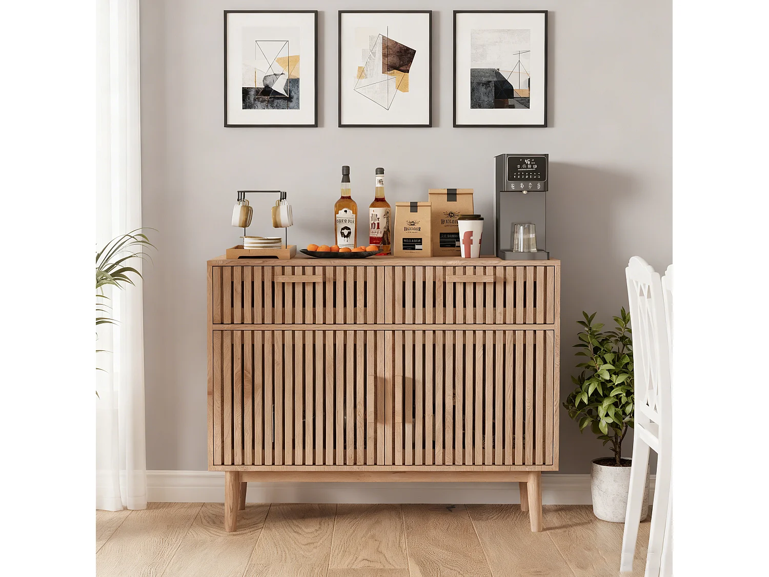 Buffet à lattes avec 4 portes 2 tiroir en MDF et métal - 100Lx80Hx35P cm - naturel