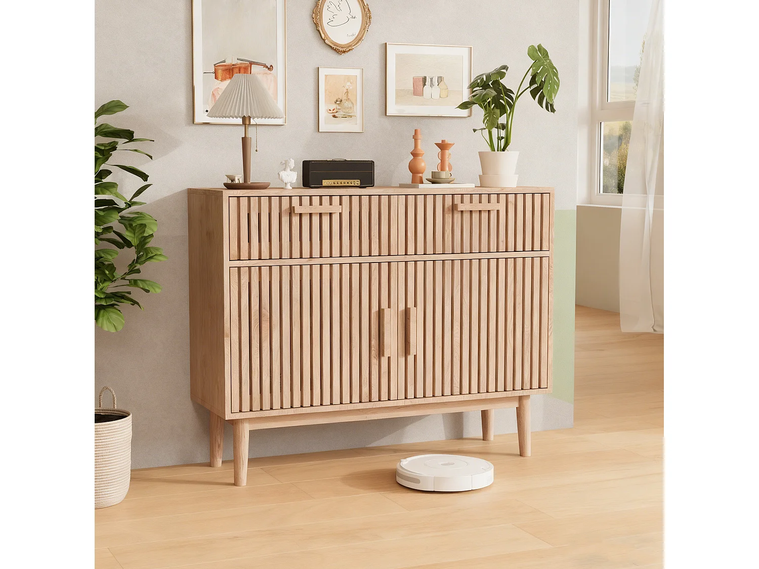 Buffet à lattes avec 4 portes 2 tiroir en MDF et métal - 100Lx80Hx35P cm - naturel