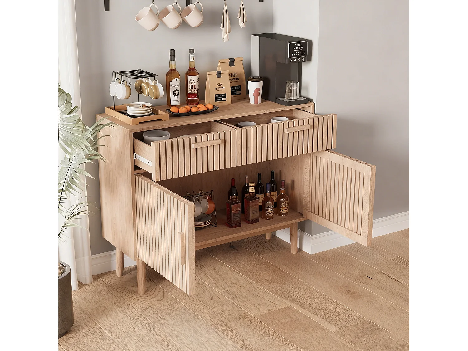 Buffet à lattes avec 4 portes 2 tiroir en MDF et métal - 100Lx80Hx35P cm - naturel