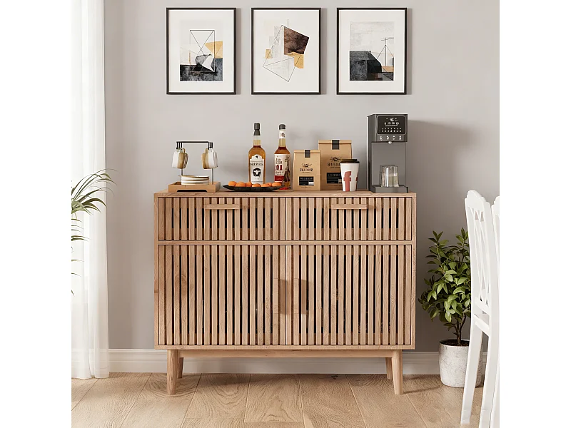 Buffet à lattes avec 4 portes 2 tiroir en MDF et métal - 100Lx80Hx35P cm - naturel