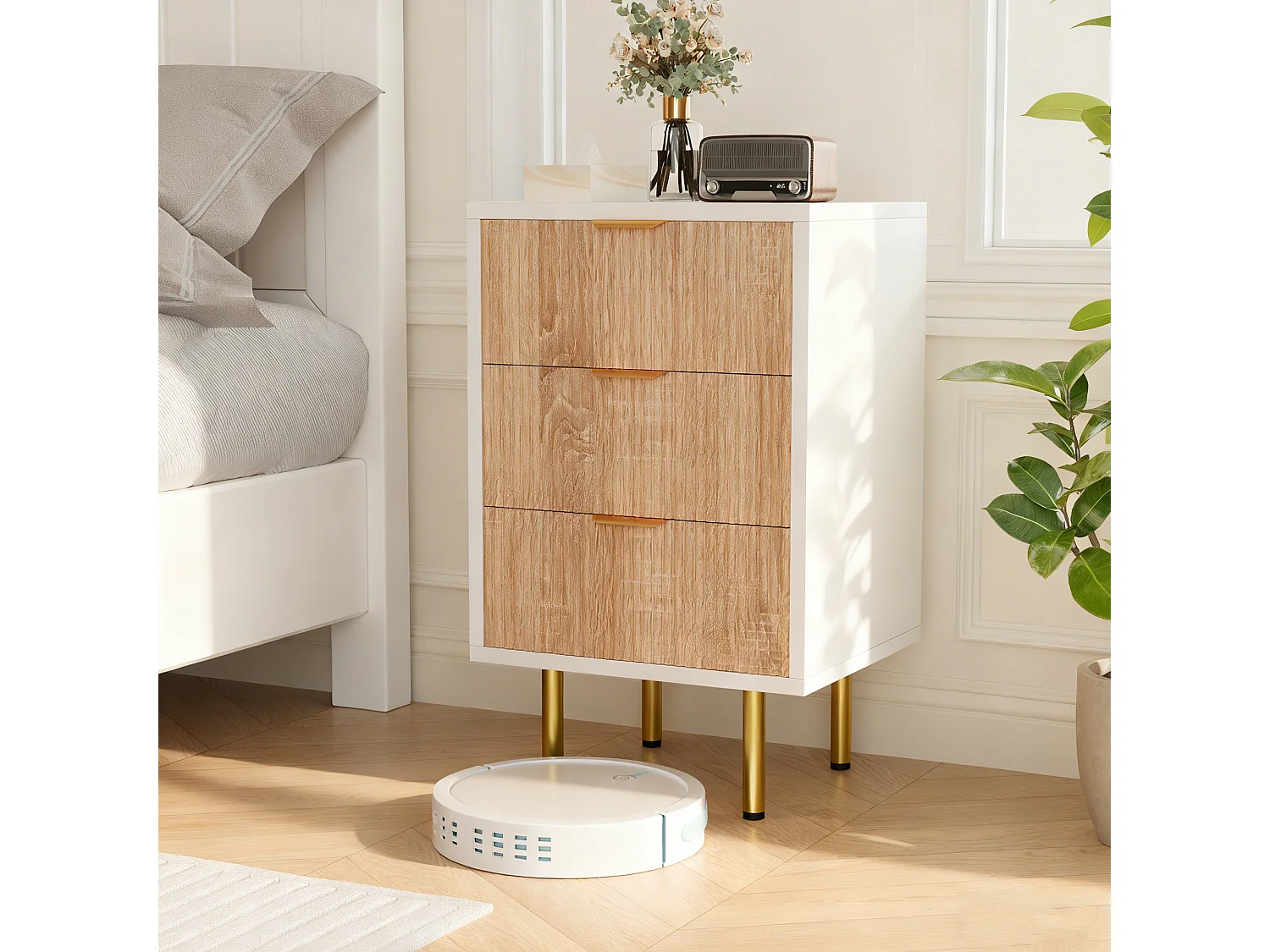 Commode 3  Effet Bois, table de chevet, style scandinave, couleur bois naturel et blanc, 65x40x40 cm