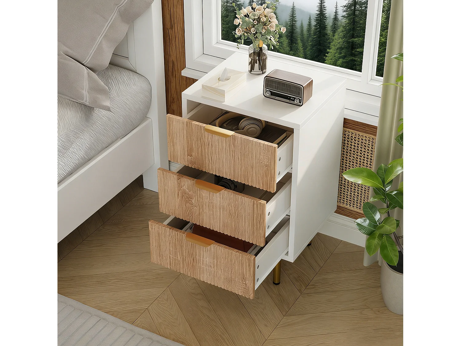 Table de chevet 3 tiroirs effet bois naturel et blanc – Petite commode scandinave, L40 x P40 x H65 cm