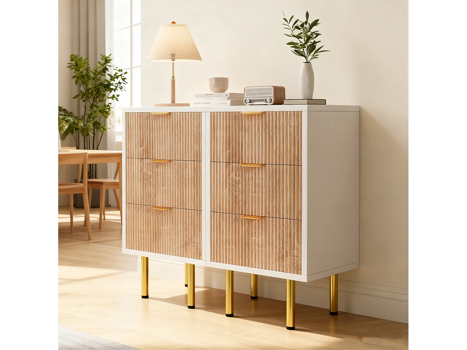 Table de chevet 3 tiroirs effet bois naturel et blanc – Petite commode scandinave, L40 x P40 x H65 cm