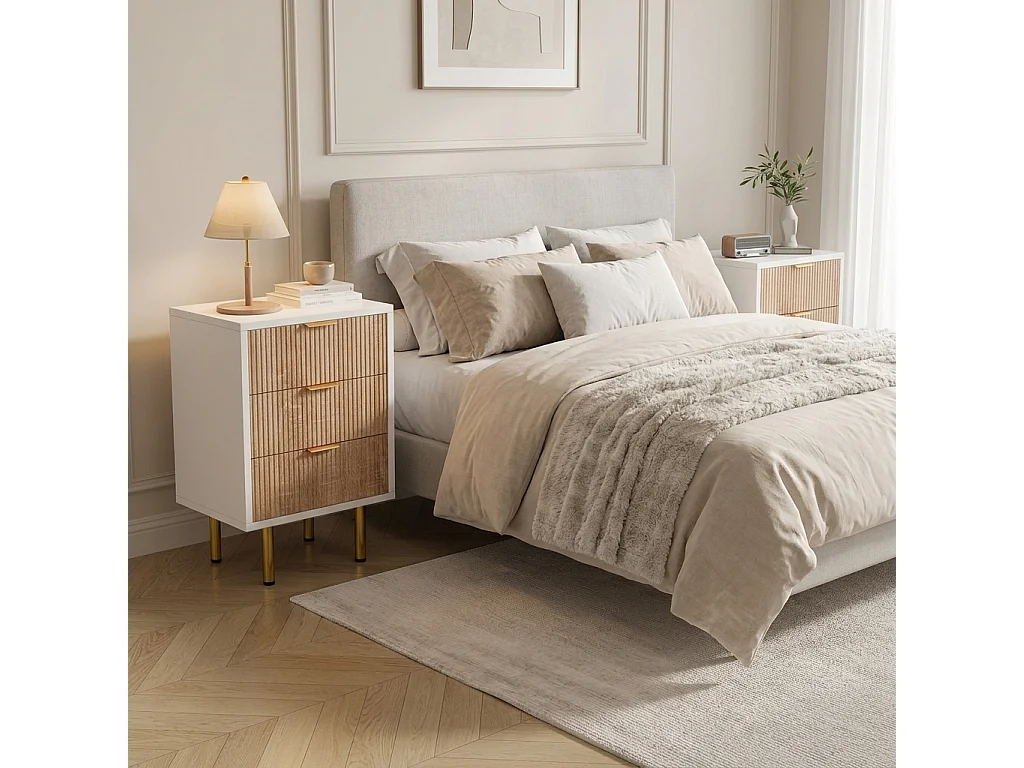 Table de chevet 3 tiroirs effet bois naturel et blanc – Petite commode scandinave, L40 x P40 x H65 cm