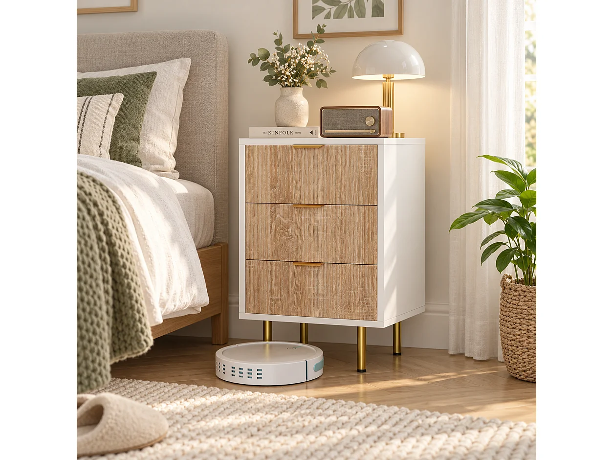 Table de chevet 3 tiroirs effet bois naturel et blanc – Petite commode scandinave, L40 x P40 x H65 cm