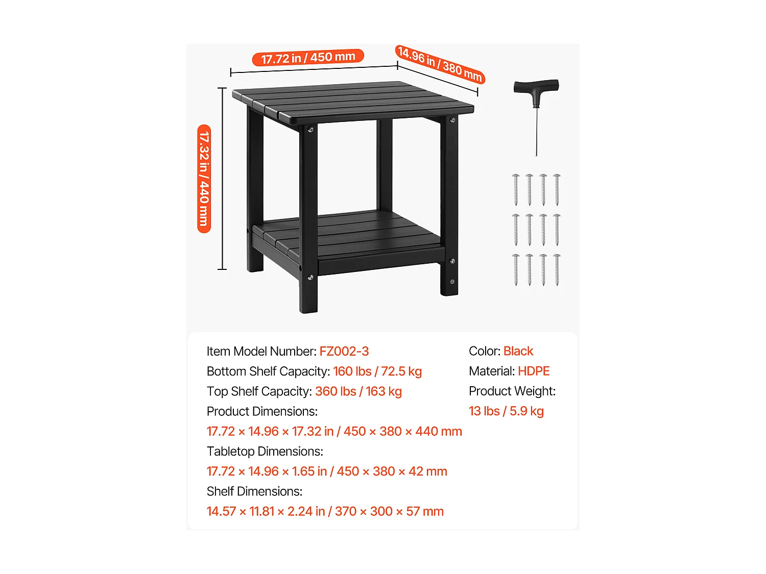 Table d’Appoint SucceBuy Extérieur Jardin, 2 Niveaux, 45 x 38 x 44 cm, en PEHD, Entretien Facile, Résiste aux Intempéries, pour Terrasse, Bord de Piscine, Noir