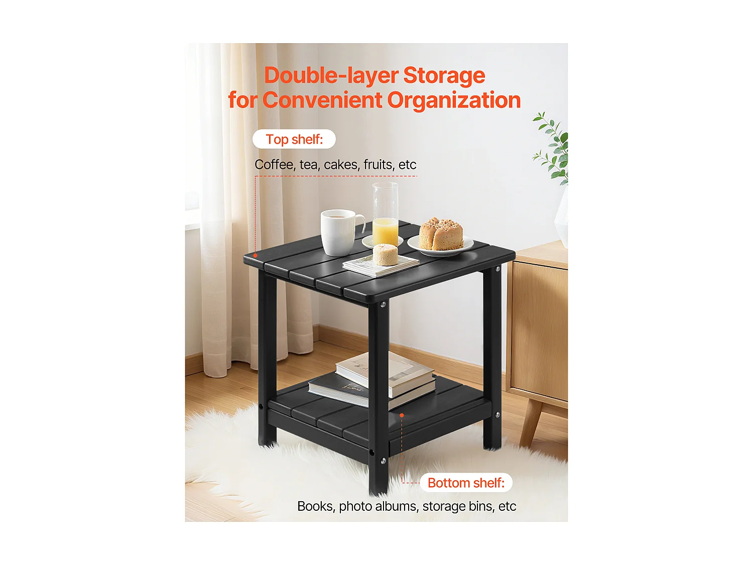 Table d’Appoint SucceBuy Extérieur Jardin, 2 Niveaux, 45 x 38 x 44 cm, en PEHD, Entretien Facile, Résiste aux Intempéries, pour Terrasse, Bord de Piscine, Noir