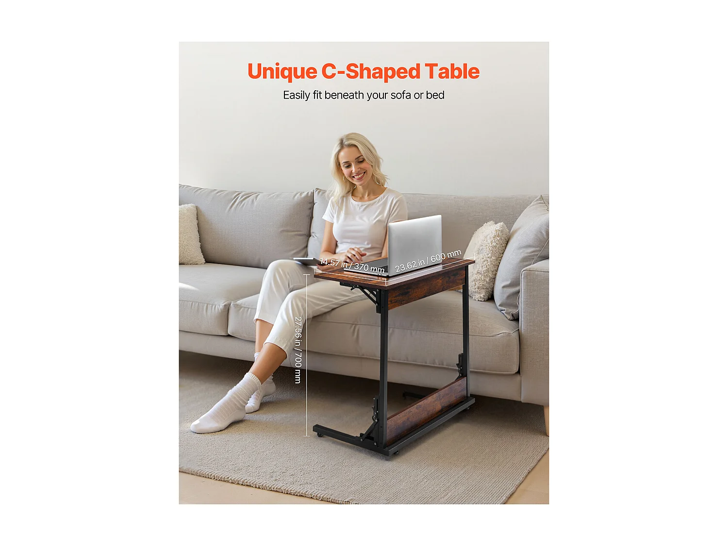 Stolik Auxiliary SucceBuy Składany w Kształcie C, Stoliki do Kanapy z Rama Metalową i Regulowanymi Nóżkami, Składana Platforma TV, Niski Stolik w C do Salonu