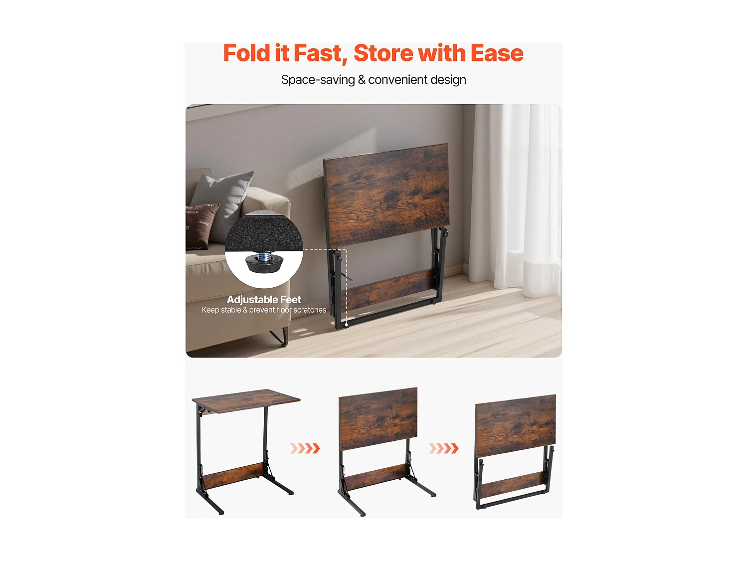 Stolik Auxiliary SucceBuy Składany w Kształcie C, Stoliki do Kanapy z Rama Metalową i Regulowanymi Nóżkami, Składana Platforma TV, Niski Stolik w C do Salonu