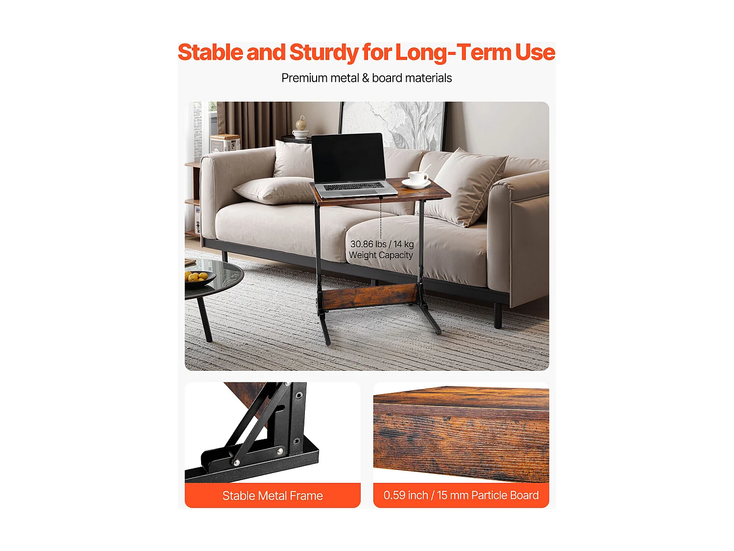 Stolik Auxiliary SucceBuy Składany w Kształcie C, Stoliki do Kanapy z Rama Metalową i Regulowanymi Nóżkami, Składana Platforma TV, Niski Stolik w C do Salonu