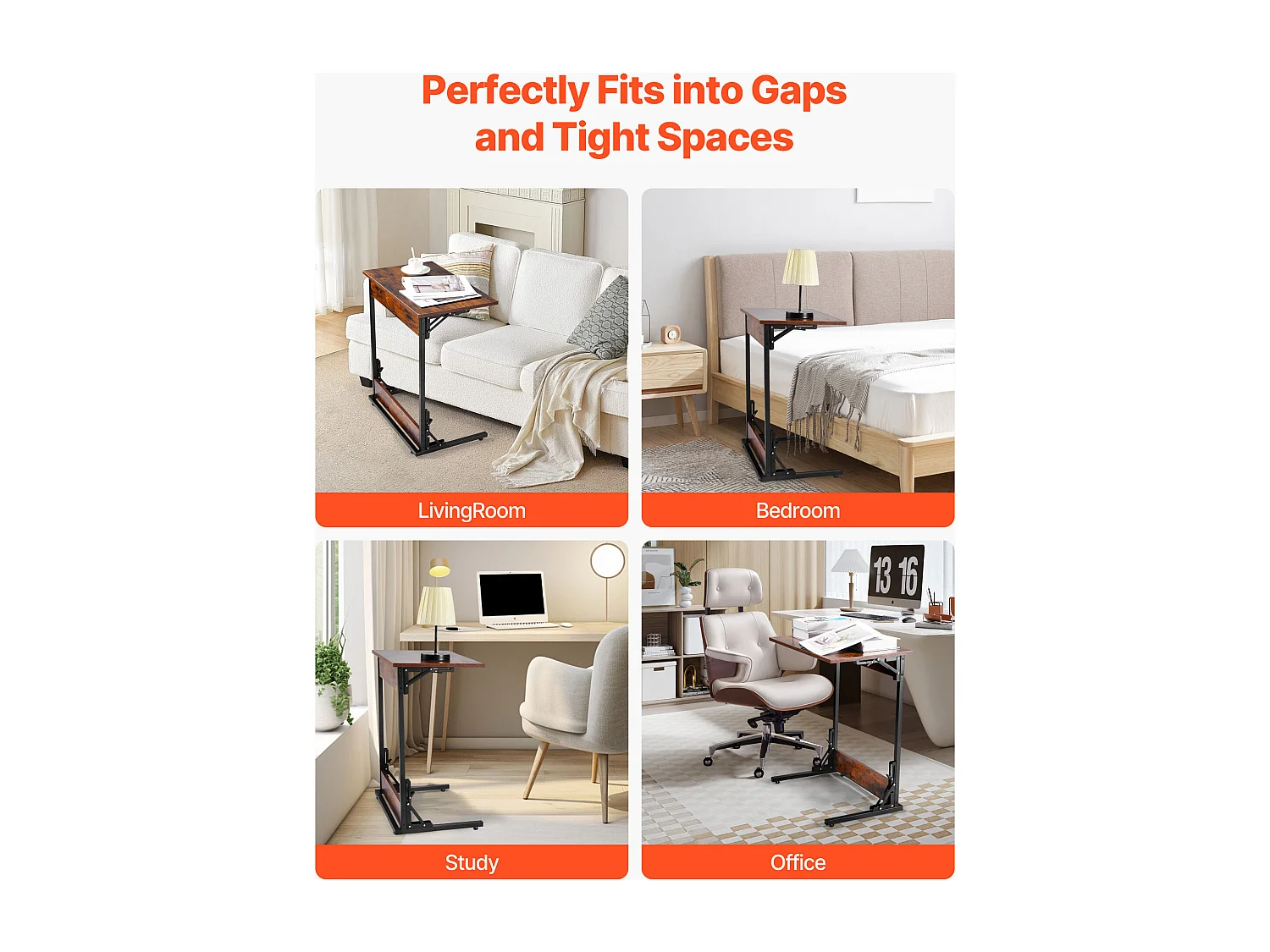 Stolik Auxiliary SucceBuy Składany w Kształcie C, Stoliki do Kanapy z Rama Metalową i Regulowanymi Nóżkami, Składana Platforma TV, Niski Stolik w C do Salonu