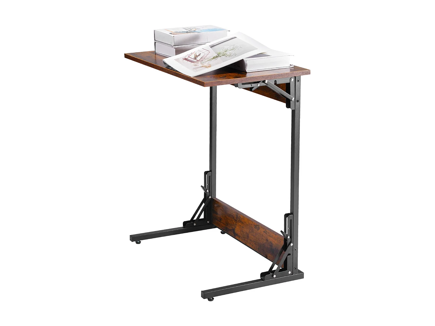 Stolik Auxiliary SucceBuy Składany w Kształcie C, Stoliki do Kanapy z Rama Metalową i Regulowanymi Nóżkami, Składana Platforma TV, Niski Stolik w C do Salonu