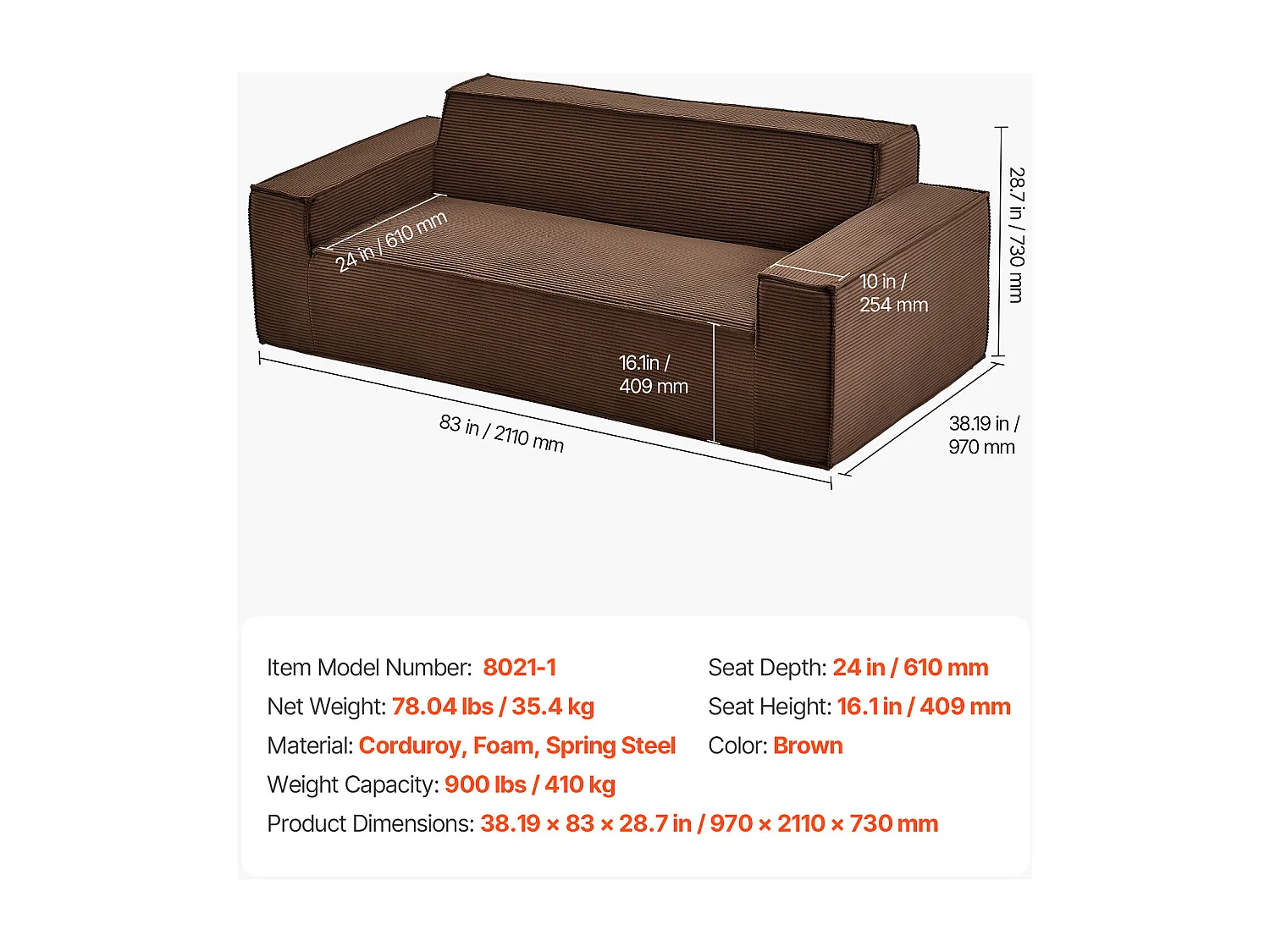 Moderne Bank SucceBuy 211 cm, Comfortabele Wolkenbank van Ribfluweel met Diepe Zittingen, Grote Pluizige Woonkamerbank met Brede Armleuningen, Bruin