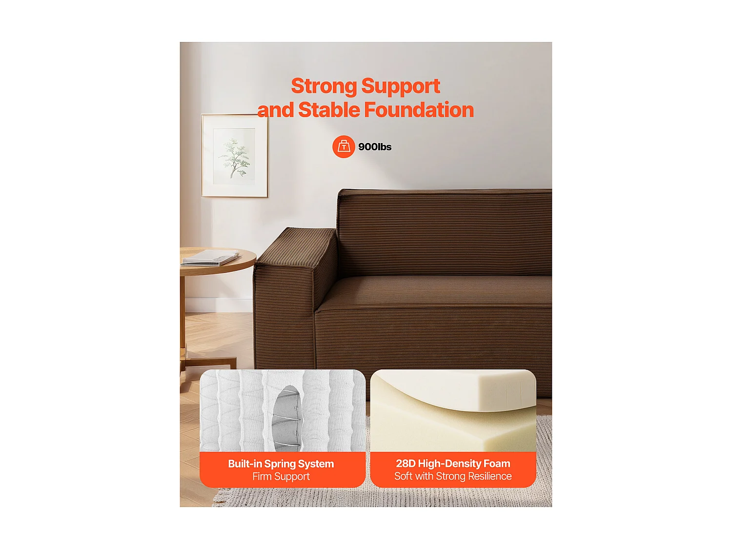 Moderne Bank SucceBuy 211 cm, Comfortabele Wolkenbank van Ribfluweel met Diepe Zittingen, Grote Pluizige Woonkamerbank met Brede Armleuningen, Bruin