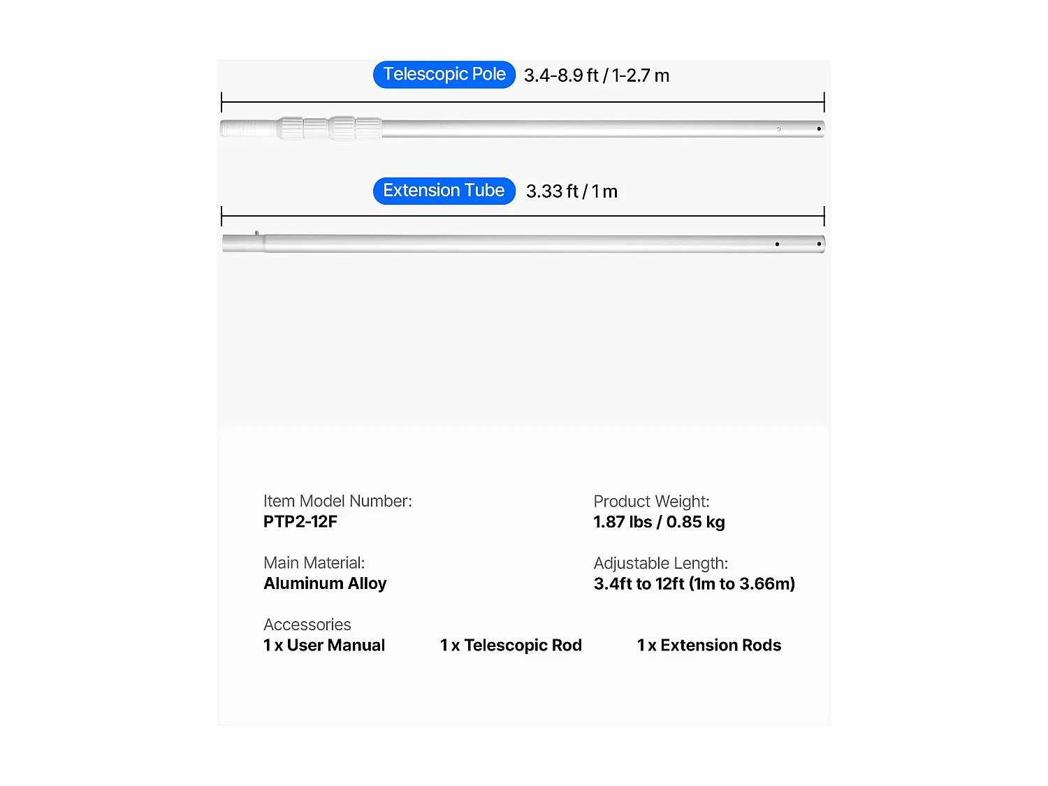 Teleskop-Poolstange SucceBuy von 1 bis 3,66 m, Professionelle Verstellbare Poolstange mit Verlängerung, Reinigungsstab aus Aluminiumlegierung
