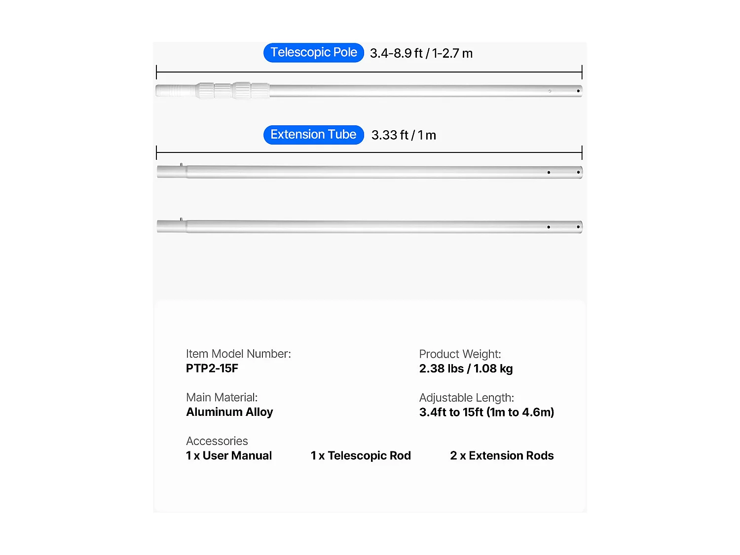 Perche de Piscine Télescopique SucceBuy de 1 à 4,6 m, Poteau de Piscine Professionnel Réglable avec 2 Rallonges, Bâton de Nettoyage en Alliage d’Aluminium