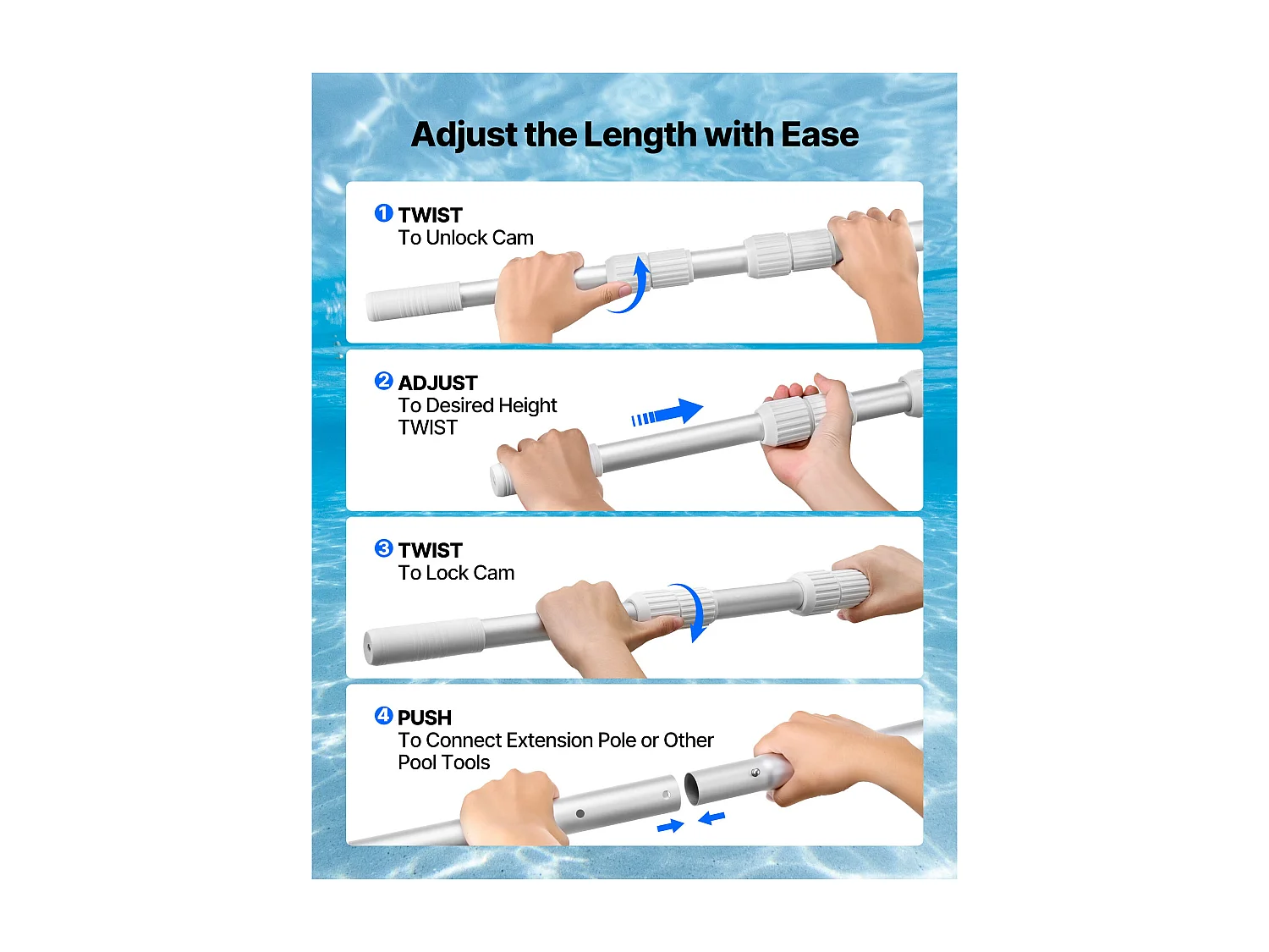 Perche de Piscine Télescopique SucceBuy de 1 à 4,6 m, Poteau de Piscine Professionnel Réglable avec 2 Rallonges, Bâton de Nettoyage en Alliage d’Aluminium