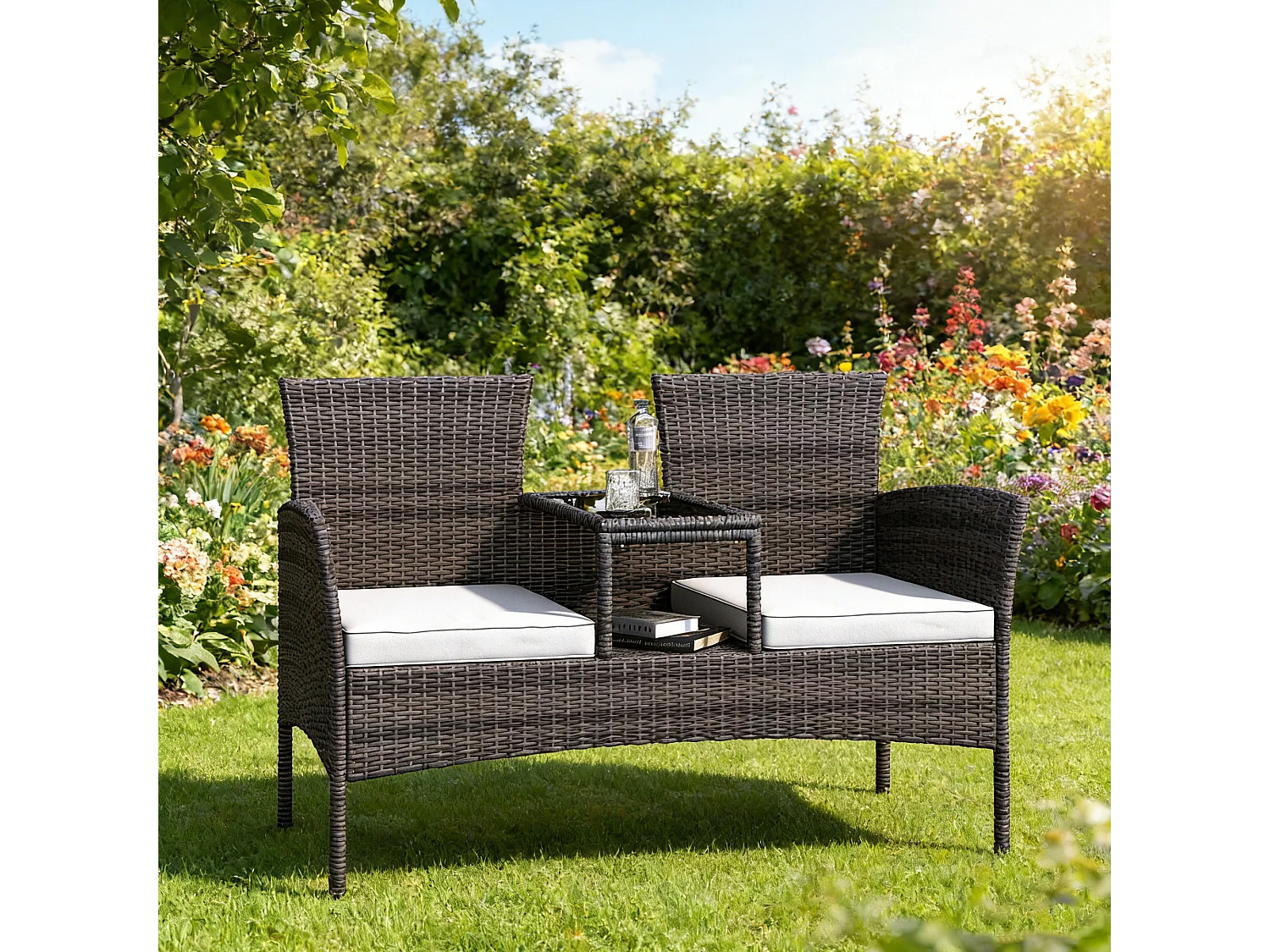 Fauteuil de Jardin Éxterieur Lot de 2 - fauteuil de jardin avec Table et coussins - Rotin - 2 places - pour Jardin, et Terrasse - brun