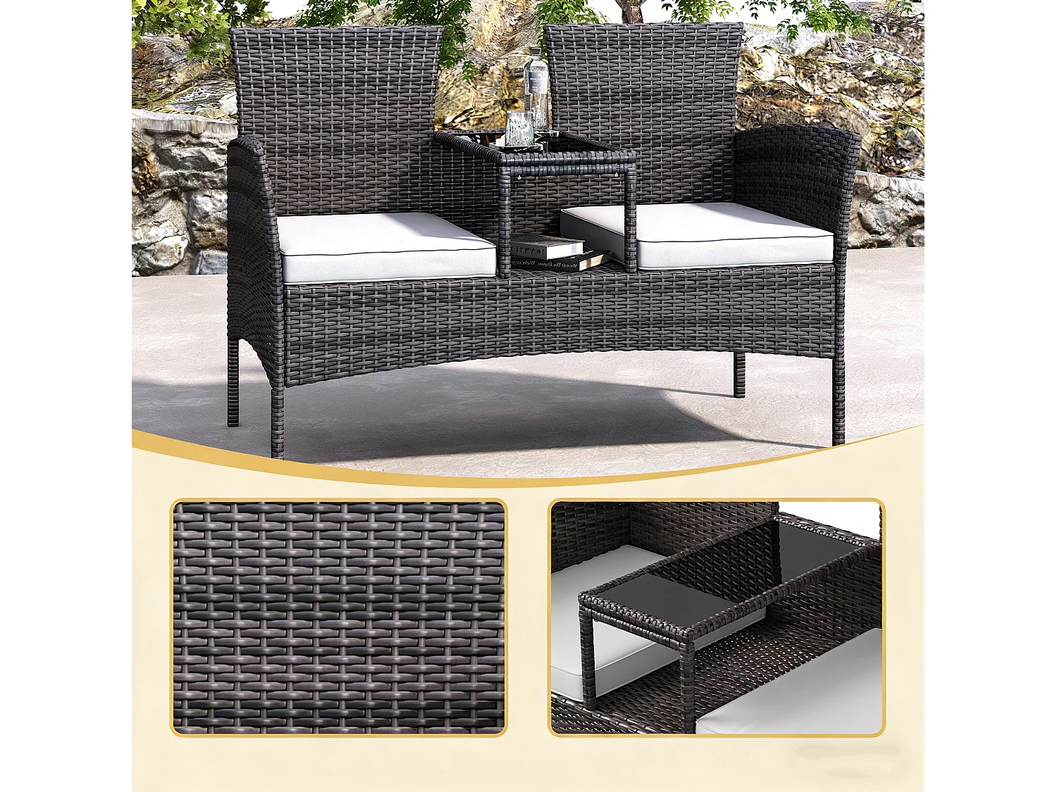 Fauteuil de Jardin Éxterieur Lot de 2 - fauteuil de jardin avec Table et coussins - Rotin - 2 places - pour Jardin, et Terrasse - brun