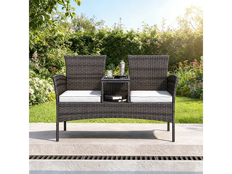 Fauteuil de Jardin Éxterieur Lot de 2 - fauteuil de jardin avec Table et coussins - Rotin - 2 places - pour Jardin, et Terrasse - brun