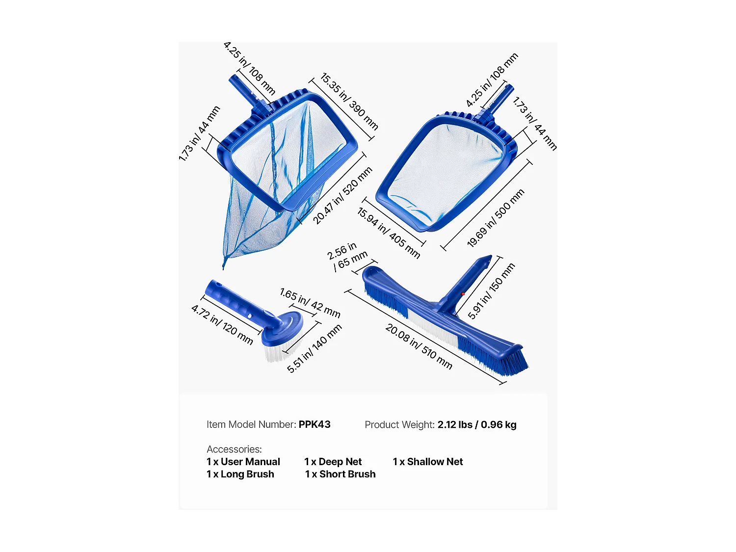 Pool-Reinigungsset SucceBuy, 2 Abnehmbare Bürstenköpfe 51 cm/14 cm und 2 Poolkescher mit Feinmasche, 4-in-1 Reinigungswerkzeug-Set