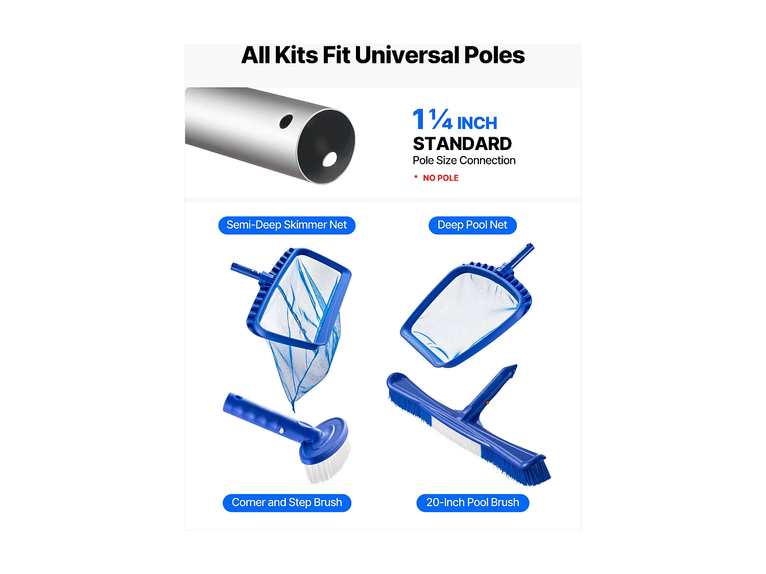 Pool-Reinigungsset SucceBuy, 2 Abnehmbare Bürstenköpfe 51 cm/14 cm und 2 Poolkescher mit Feinmasche, 4-in-1 Reinigungswerkzeug-Set