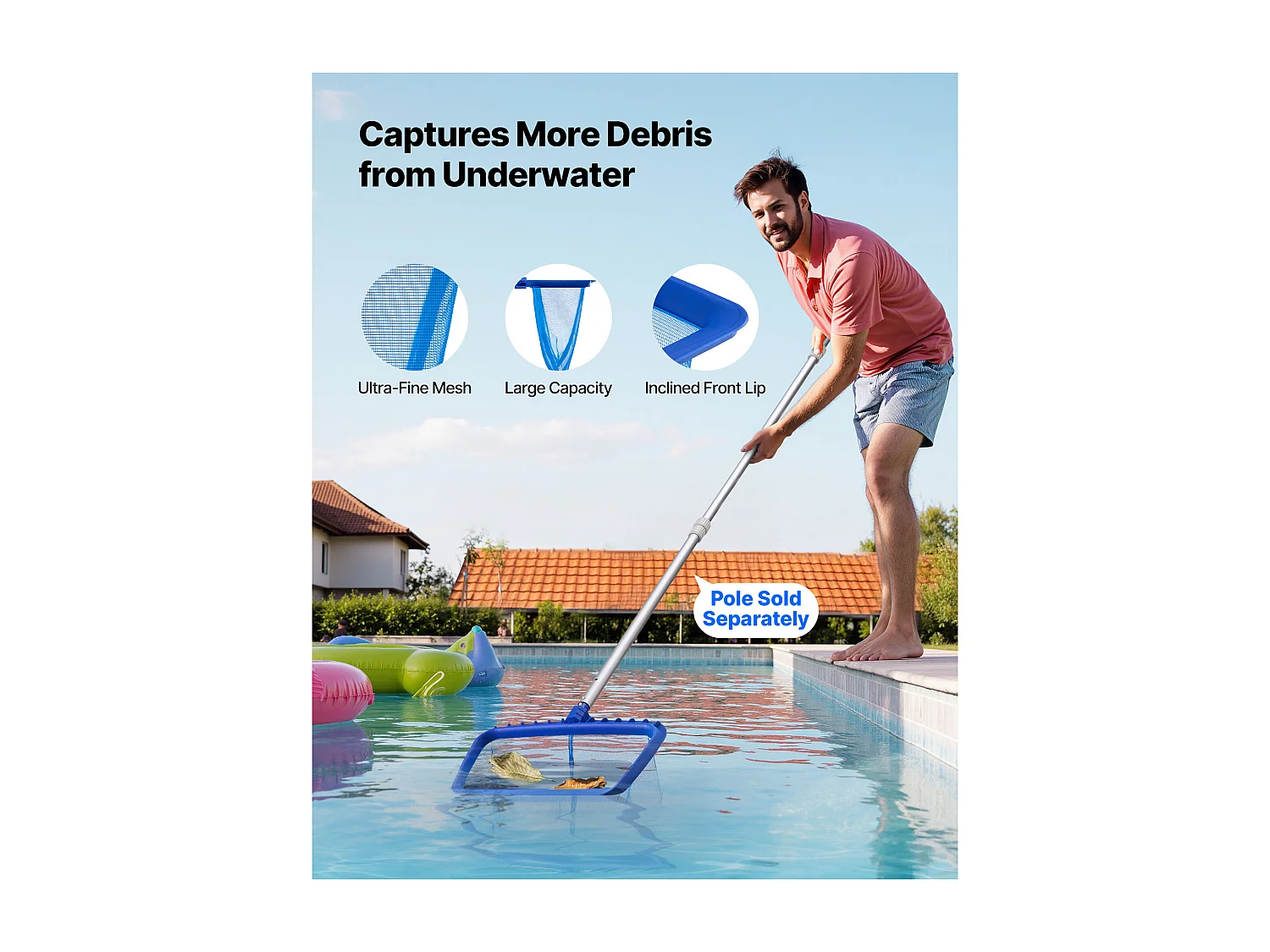 Pool-Reinigungsset SucceBuy, 2 Abnehmbare Bürstenköpfe 51 cm/14 cm und 2 Poolkescher mit Feinmasche, 4-in-1 Reinigungswerkzeug-Set