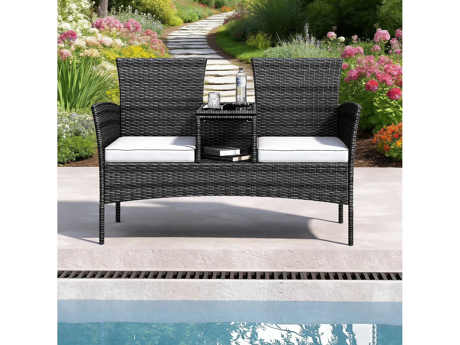 Fauteuil de Jardin Éxterieur Lot de 2 - fauteuil de jardin avec Table et coussins en rotin - 2 places - pour Jardin, et Terrasse - noir