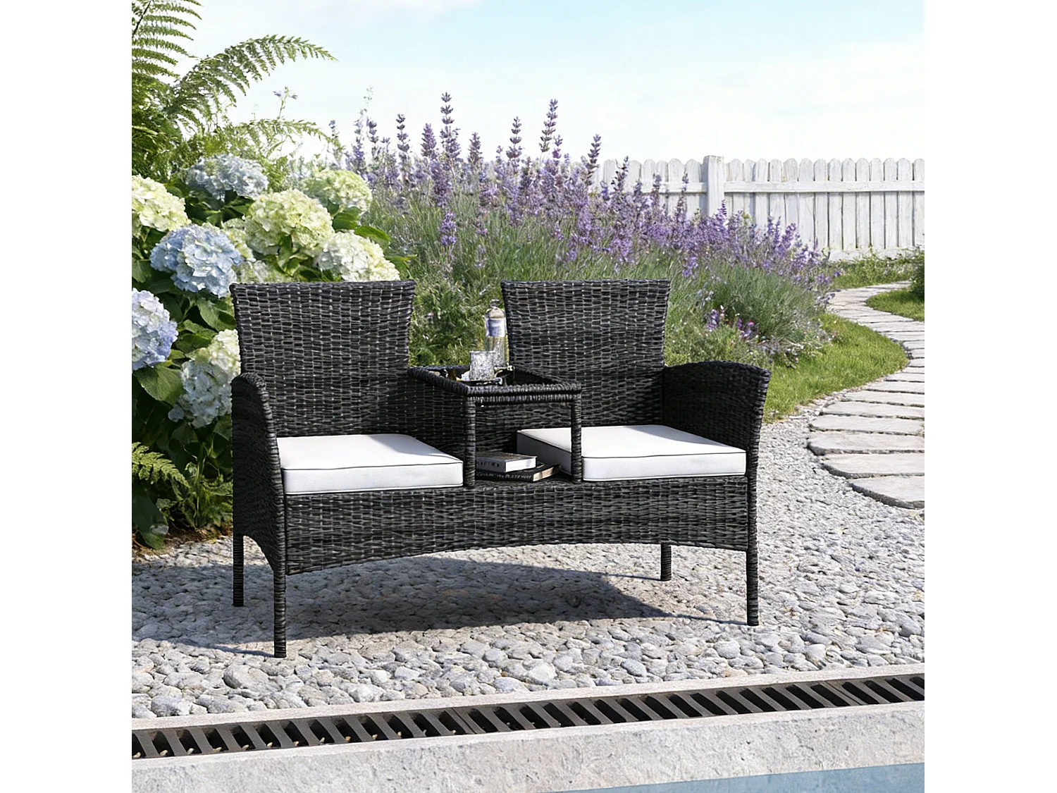 Fauteuil de Jardin Éxterieur Lot de 2 - fauteuil de jardin avec Table et coussins en rotin - 2 places - pour Jardin, et Terrasse - noir