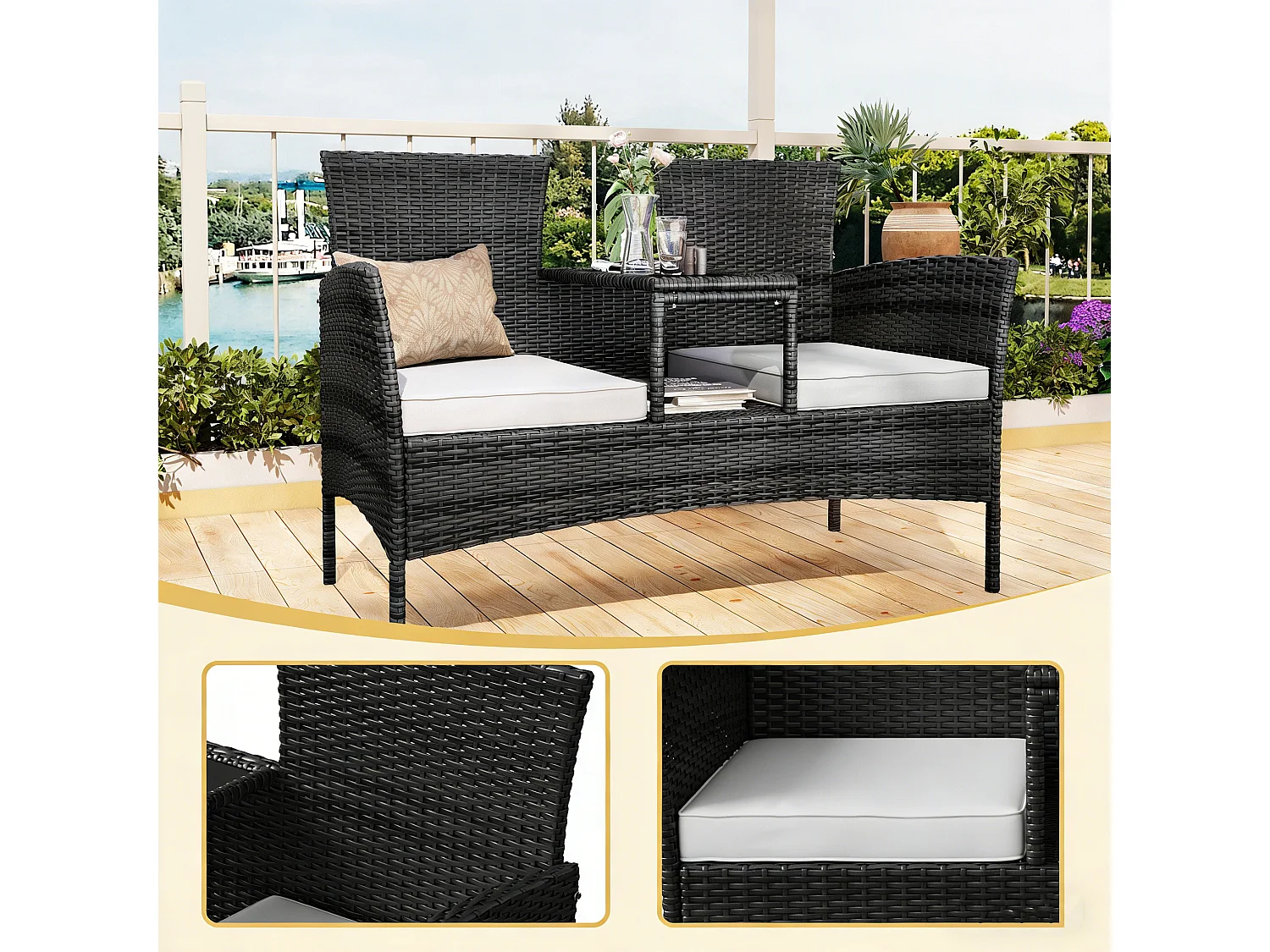 Fauteuil de Jardin Éxterieur Lot de 2 - fauteuil de jardin avec Table et coussins en rotin - 2 places - pour Jardin, et Terrasse - noir