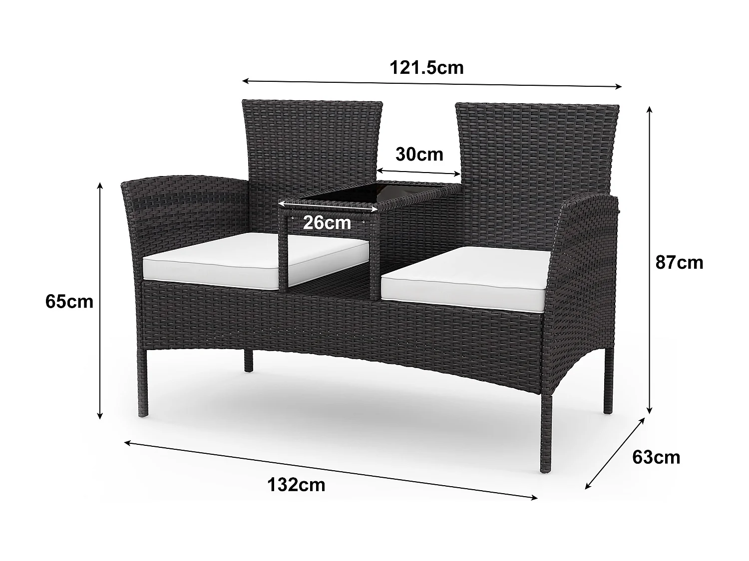Fauteuil de Jardin Éxterieur Lot de 2 - fauteuil de jardin avec Table et coussins en rotin - 2 places - pour Jardin, et Terrasse - noir