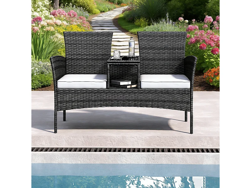 Fauteuil de Jardin Éxterieur Lot de 2 - fauteuil de jardin avec Table et coussins en rotin - 2 places - pour Jardin, et Terrasse - noir