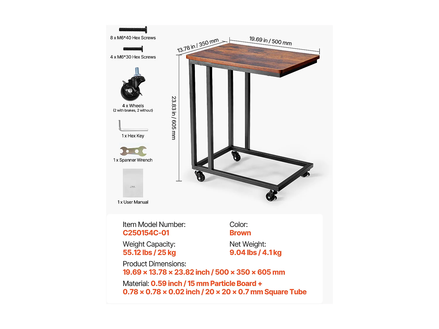 Table d’Appoint SucceBuy Mobile en Forme de C, Bouts de Canapé avec Cadre en Métal et Roulettes, Support d’Extrémité Portable 50 x 35 x 60.5 cm, Marron