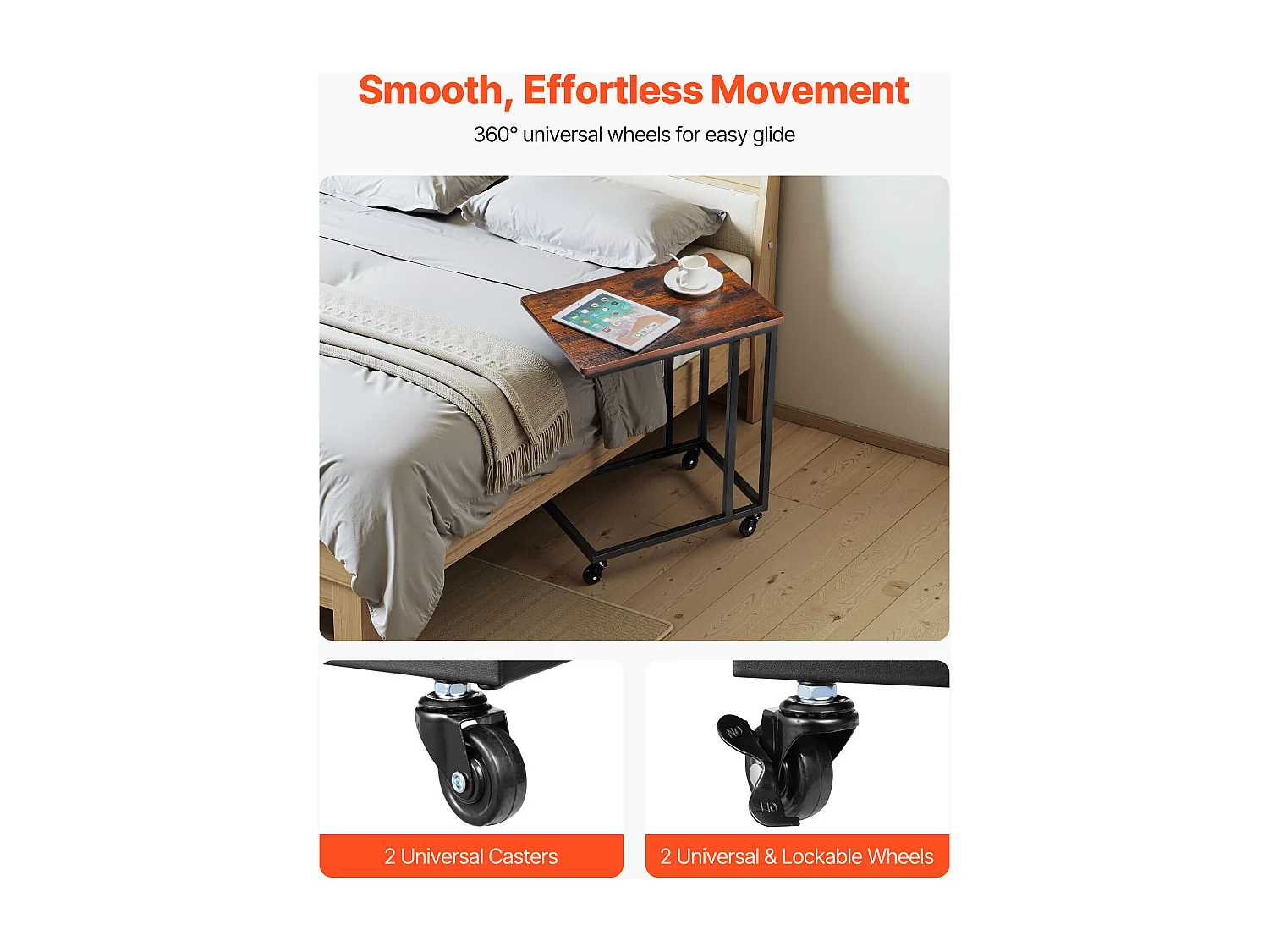 Table d’Appoint SucceBuy Mobile en Forme de C, Bouts de Canapé avec Cadre en Métal et Roulettes, Support d’Extrémité Portable 50 x 35 x 60.5 cm, Marron