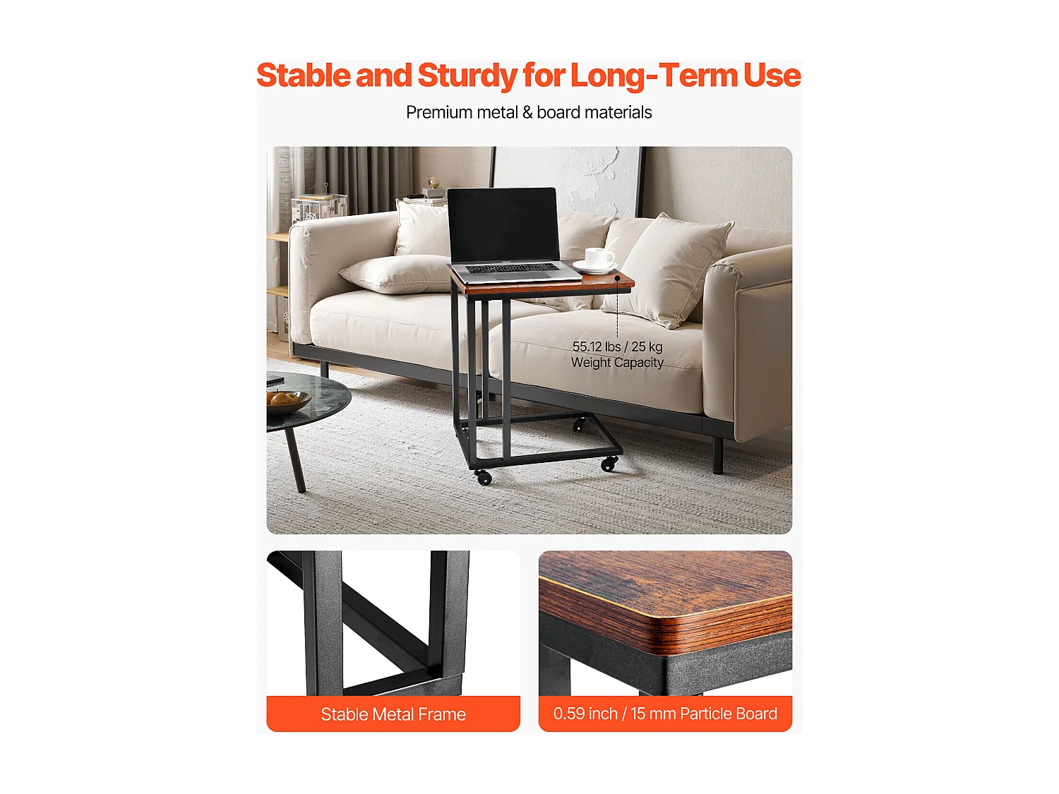 Table d’Appoint SucceBuy Mobile en Forme de C, Bouts de Canapé avec Cadre en Métal et Roulettes, Support d’Extrémité Portable 50 x 35 x 60.5 cm, Marron