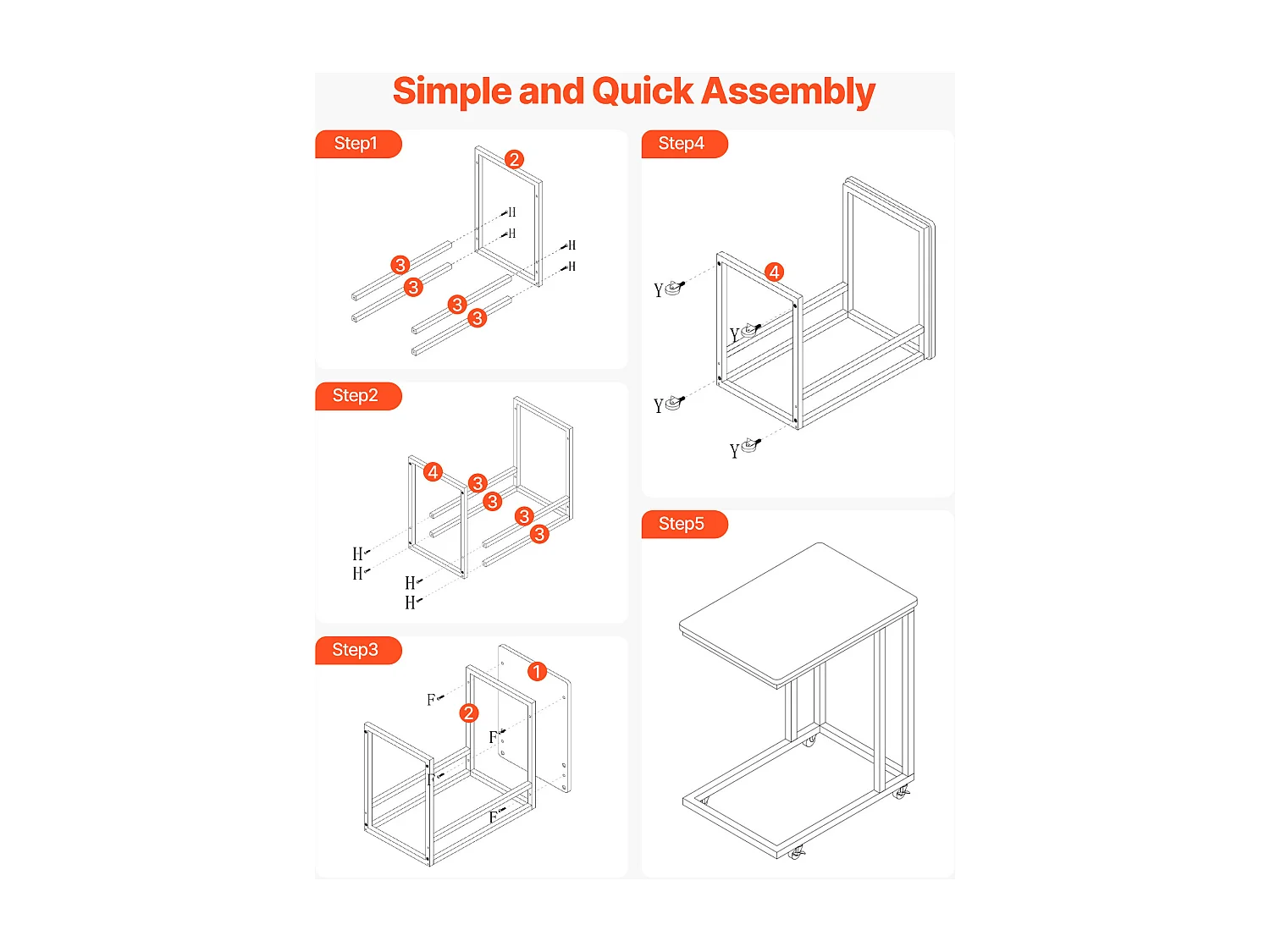 Table d’Appoint SucceBuy Mobile en Forme de C, Bouts de Canapé avec Cadre en Métal et Roulettes, Support d’Extrémité Portable 50 x 35 x 60.5 cm, Marron