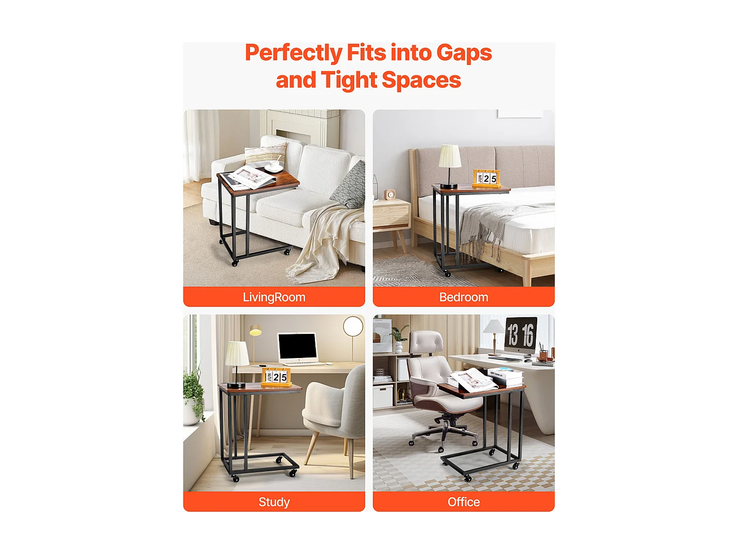 Table d’Appoint SucceBuy Mobile en Forme de C, Bouts de Canapé avec Cadre en Métal et Roulettes, Support d’Extrémité Portable 50 x 35 x 60.5 cm, Marron