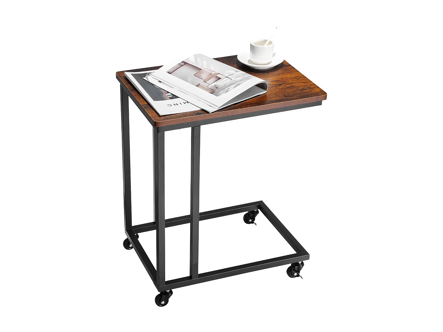 Table d’Appoint SucceBuy Mobile en Forme de C, Bouts de Canapé avec Cadre en Métal et Roulettes, Support d’Extrémité Portable 50 x 35 x 60.5 cm, Marron