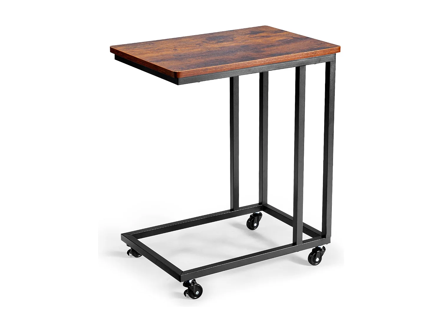 Table d’Appoint SucceBuy Mobile en Forme de C, Bouts de Canapé avec Cadre en Métal et Roulettes, Support d’Extrémité Portable 50 x 35 x 60.5 cm, Marron