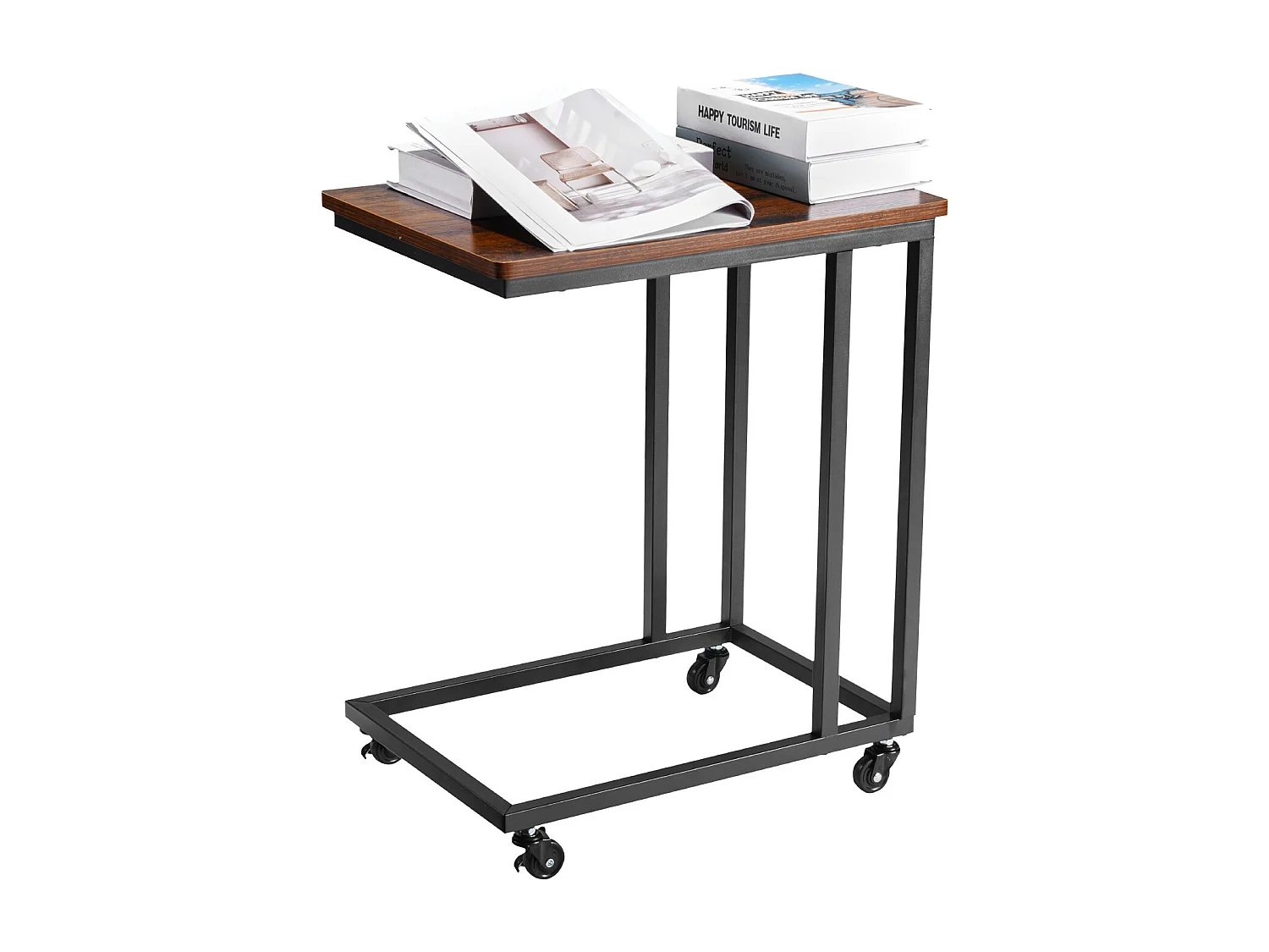 Table d’Appoint SucceBuy Mobile en Forme de C, Bouts de Canapé avec Cadre en Métal et Roulettes, Support d’Extrémité Portable 50 x 35 x 60.5 cm, Marron