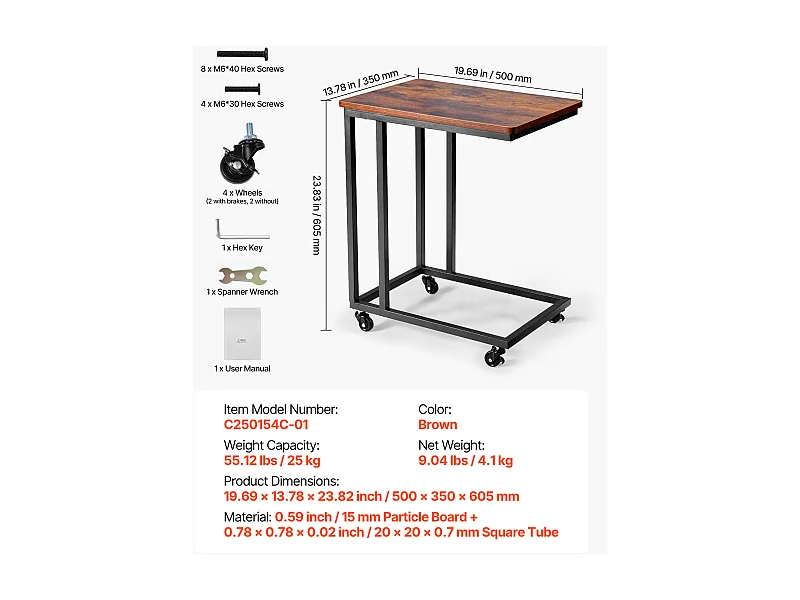 Table d’Appoint SucceBuy Mobile en Forme de C, Bouts de Canapé avec Cadre en Métal et Roulettes, Support d’Extrémité Portable 50 x 35 x 60.5 cm, Marron