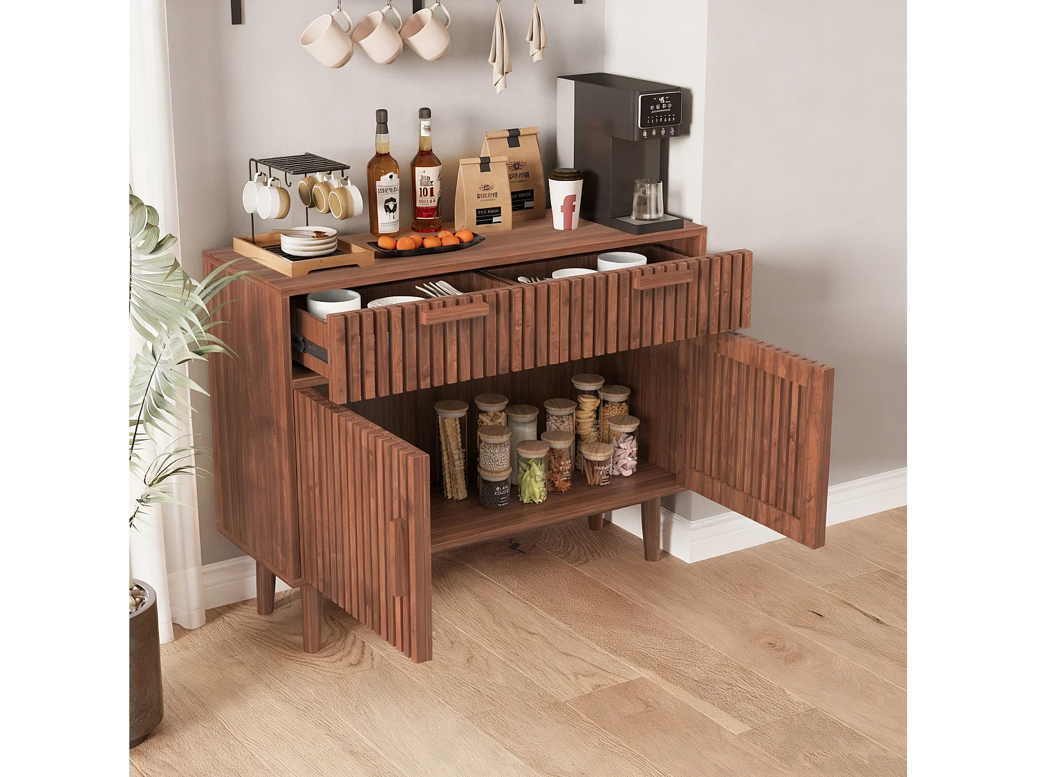 Buffet à lattes avec 4 portes 2 tiroir en MDF et métal - 100Lx80Hx35P cm - Couleur bois de noyer