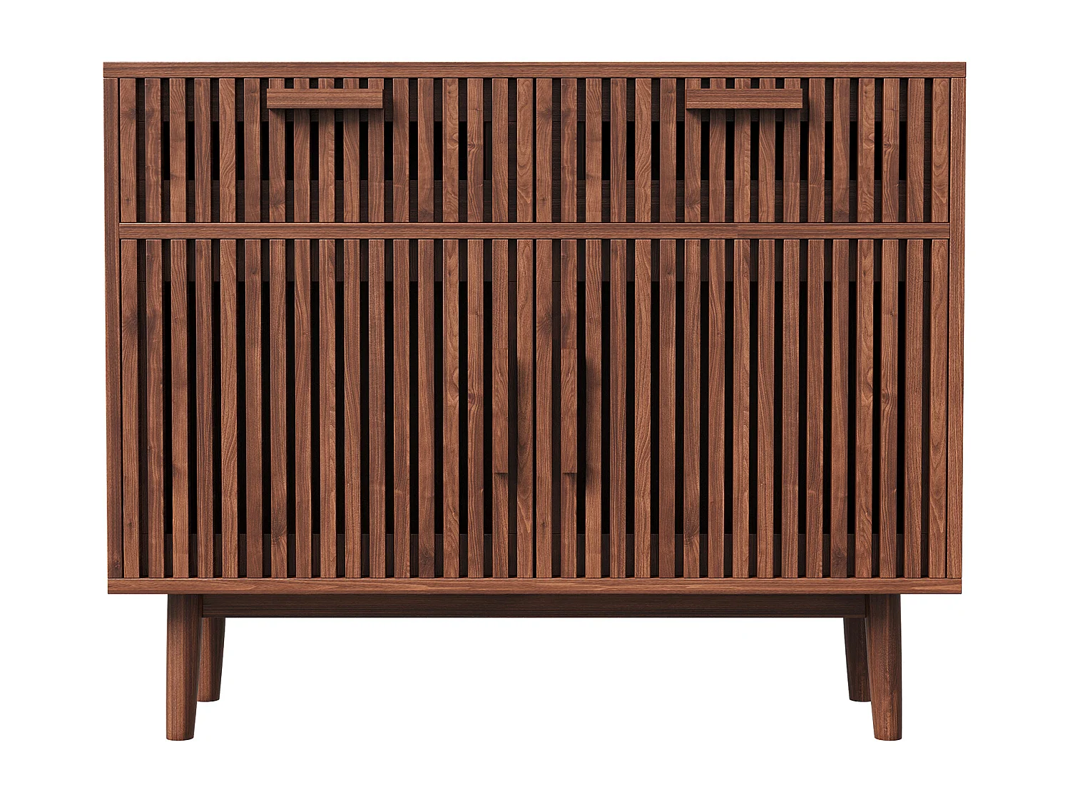 Buffet à lattes avec 4 portes 2 tiroir en MDF et métal - 100Lx80Hx35P cm - Couleur bois de noyer