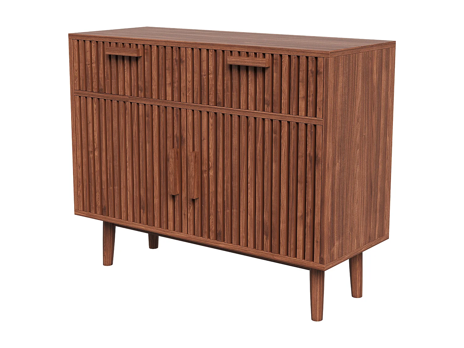 Buffet à lattes avec 4 portes 2 tiroir en MDF et métal - 100Lx80Hx35P cm - Couleur bois de noyer